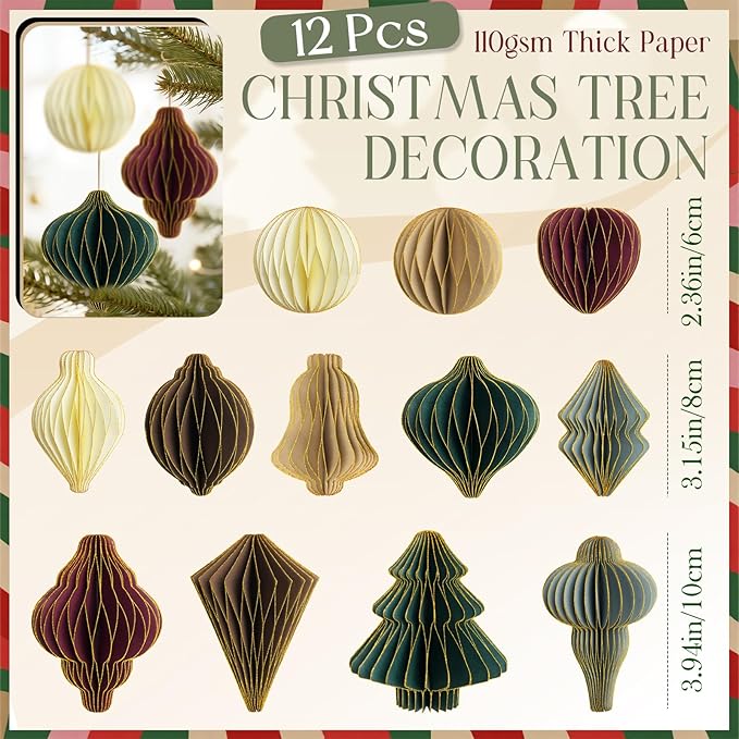 12Pcs Paper Honeycomb Christmas Tree Decorations, 3D Mini Glitter Edge Paper Honeycomb Lantern Ornaments for Vintage Neutral Christmas Party Home Decor Mixed