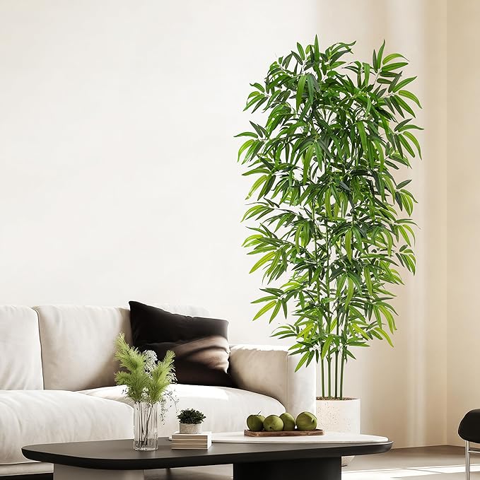 Artificial Tree Fake Plants, Artificial Bamboo Tree 6FT Tall in Black Potted, Artificial Tree Indoor Decor Bamboo Silk Tree with Natural Wood Trunk, for Home Office Living Room Modern