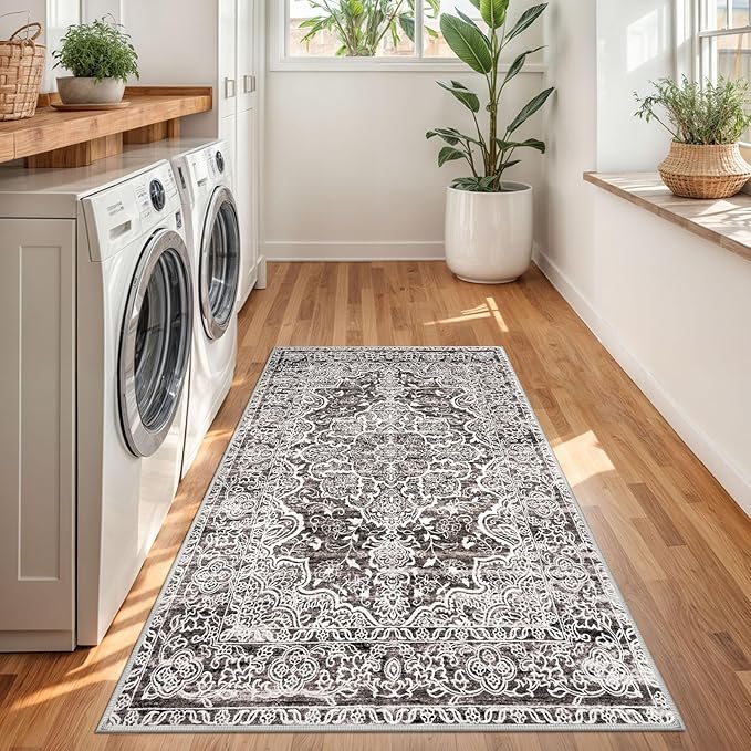 KUTA Vintage Floral Rug 3x5, Area Rugs for Living Room Tan Grey Washable Kitchen Non-Slip, Ultra Soft Printed Distressed Tribal Low-Pile Entry Throw Carpet for Nursery Living Room