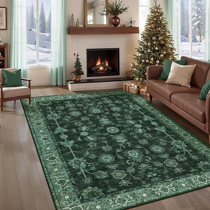 Tangsoo 8x10 Green Large Area Rug for Living Room, Non Slip Machine Washable Rug for Bedroom, Boho Distressed Vintage Floral Rugs, Soft Indoor Floor Carpet Mat for Office Nature Forest Farmhouse Decor