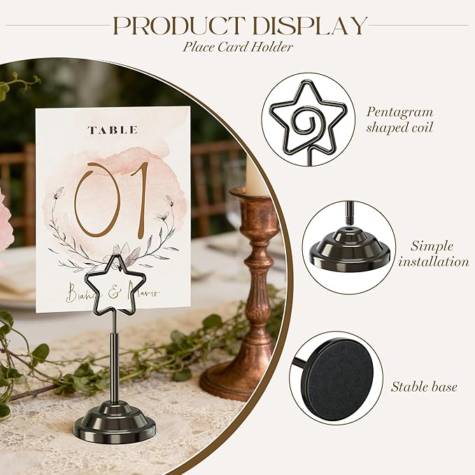 Urban Deco 16 Pieces Table Card Holder Place Card Holders 4 inches Steel Card Holders for Photos, Food Signs, Memo Notes, Weddings, Restaurants, Birthdays (Nickel Black Pentagram)