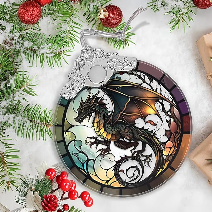 Stained Glass Suncatcher Ornament - Flying Dragon Christmas Decorations - Christmas Ornaments for Tree - Holiday Present Ideas - Gift Exchange