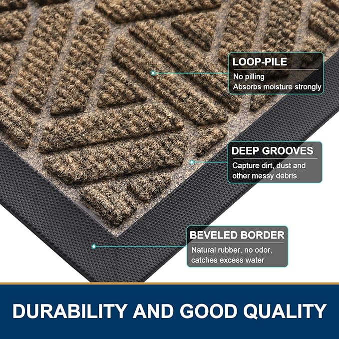 Smiry Front Door Mat Outside Entrance, Heavy Duty Sturdy Natural Rubber Doormat, Trap Dirt and Moisture, Easy Clean Low Profile Mats for Indoor Outdoor Entry, Grid Geometric (59x34, Brown)