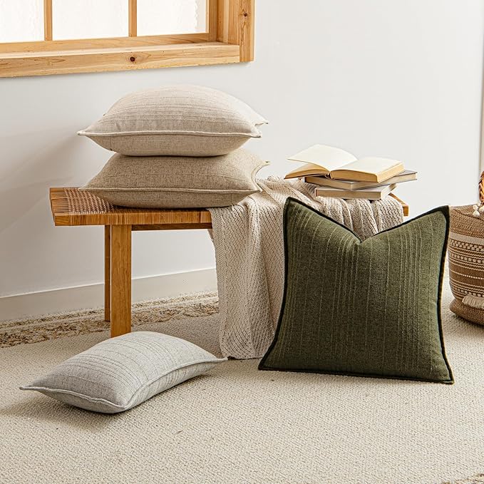 a moment Christmas Linen Pillow Covers Set of 2,Boho Farmhouse Throw Pillowcases Neutral Textured Decorative Covers for Couch Sofa,Soft Linen Blend Accent Case Cushion Home Decor 20"x20"Dark Green
