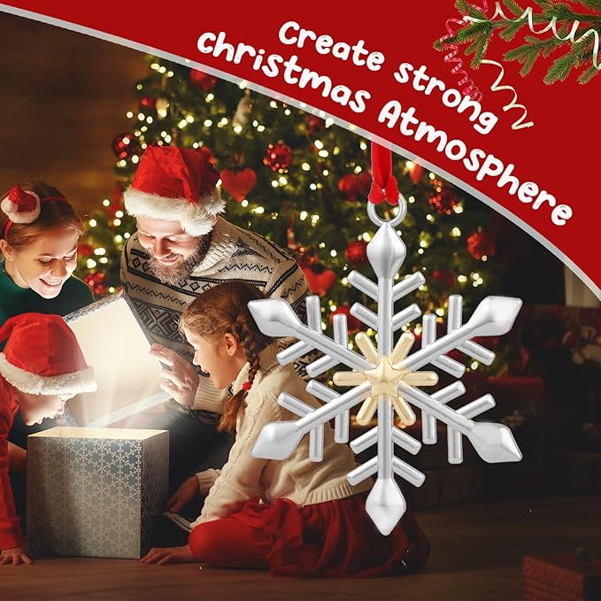 Snowflake Christmas Ornament Set - Silver & Gold Plated Metal Snowflake Ornaments for Christmas Tree - Annual Holiday Keepsake (Style B)