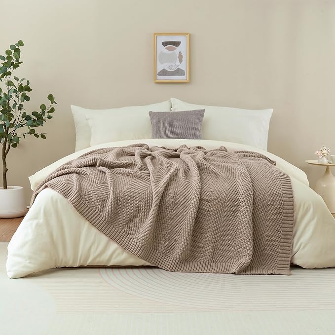 Knitted Throw Blanket 50"X60", Taupe Knit Throws for Bed, Super Soft Boho Chevron Blankets for Couch Sofa Chair Room Decor, Textured Decorative Farmhouse Cozy Lightweight