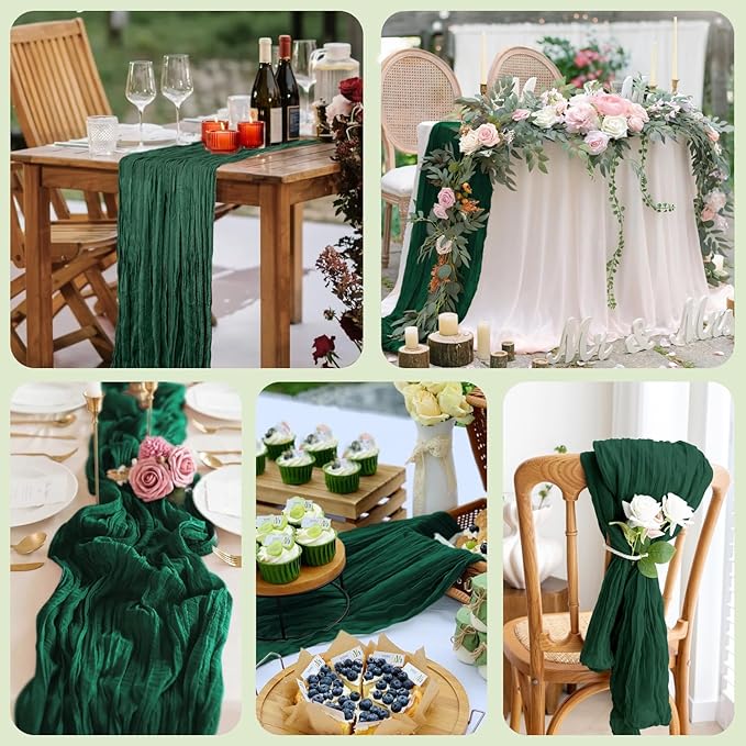 Asee'm 12PCS Table Runner Cheesecloth Christmas 10FT Emerald Green Boho Gauze Fabric Rustic Sheer Cheese Cloth Runners for Wedding Bridal Shower Party