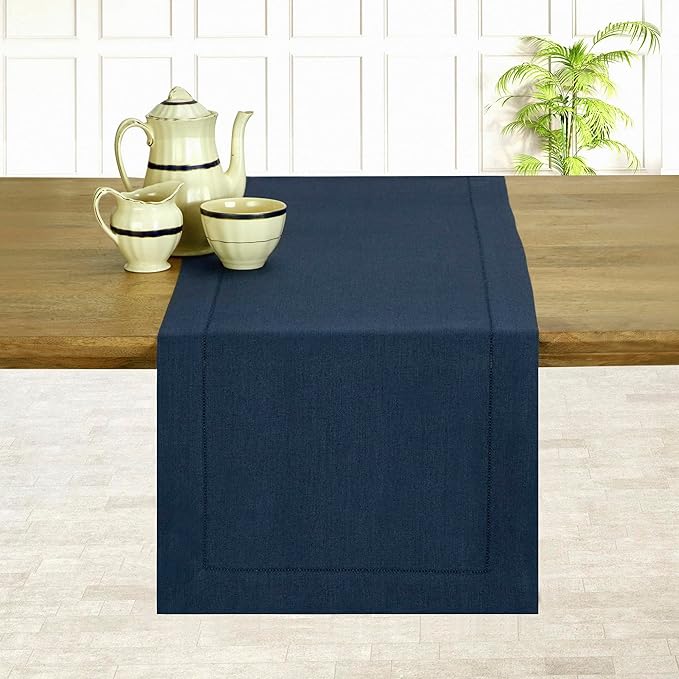 D'Moksha Homes Linen Navy Blue Table Runner 120 Inches Long - 100% Pure Linen Hemstitch 14 x 120 Inch Table Runner for Dining, Easter - Classic Hemstitch