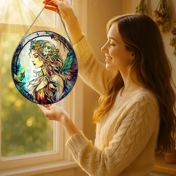 Stained Glass Window Hanging, LAOWEIKI 8'' Fairy Suncatcher, Stained Glass Ornament, Suncatchers for Windows Hanging, Window Decor, Outdoor or Indoor, Gifts for Women, Bestie, Friends