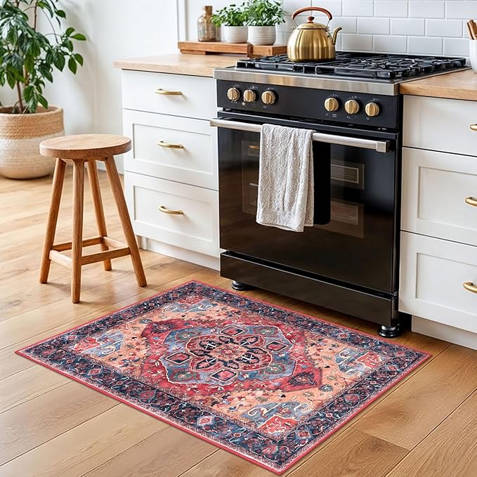 2x3 Vintage Washable Rug, Red Soft Area Rug for Entryway, Boho Non-Slip Indoor Door Mat, Low-Pile Kitchen Rugs, Floor Carpet for Entrance Kitchen Bedside Farmhouse