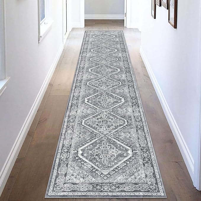 KUTA Oriental Washable Runner Rug Grey, 2x10 Non-Slip Vintage Hallway Kitchen Rugs Ultra Soft Printed Distressed Tribal Floor Carpet Runners for Bedroom Living Room Playroom