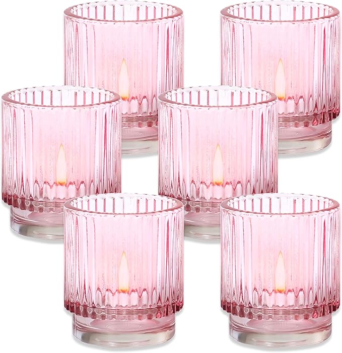 Blush Pink Vintage Ribbed Glass Tealight Votive Candle Holders by Kate Aspen (Set of 6), Pink Decor, Boho Decor, Shelf Decoration, Rose Gold Look | Perfect Hostess Gift (Pack of 6)