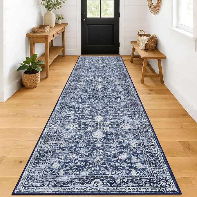 KILOCOCO Runner for Hallway 3x12 Runner Rug Printed Vintage Floral Washable Rug Kitchen Runners Soft Non-Slip Low Pile Hallway Runners Laundry Room Distressed Boho Rugs, Blue