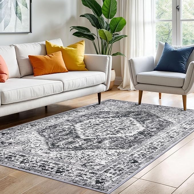 KOZYFLY Area Rug 4x6 Ft Washable Rugs for Entryway Non Slip Kitchen Mats for Floor Rugs for Living Room Printed Faux Wool Vintage Throw Rug for Entrance Bedroom Kitchen Living Room, Grey