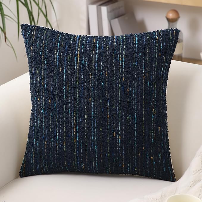 Textured Boucle Pillow Covers 18x18 Neutral Striped Throw Pillows Soft Modern Farmhouse Pillow Cases, 1pc Decorative Accent Square Couch Cushion Cover for Bed Chair Living Room, Blue