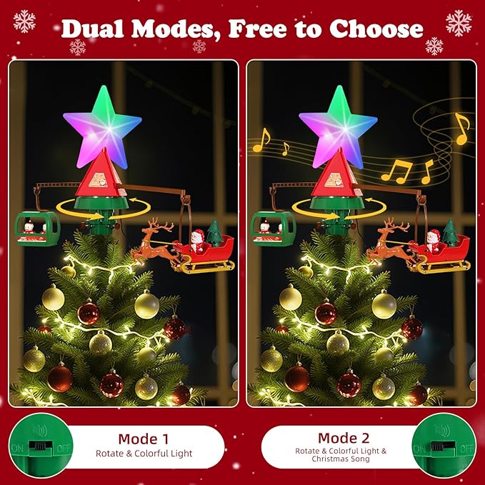 Luxspire Christmas Tree Topper with Rotating Animated Santa Deer Sled and Snowman Cable Car, Multicolor Lighted Christmas Star with Music, Tree Topper Decoration for Holiday Home
