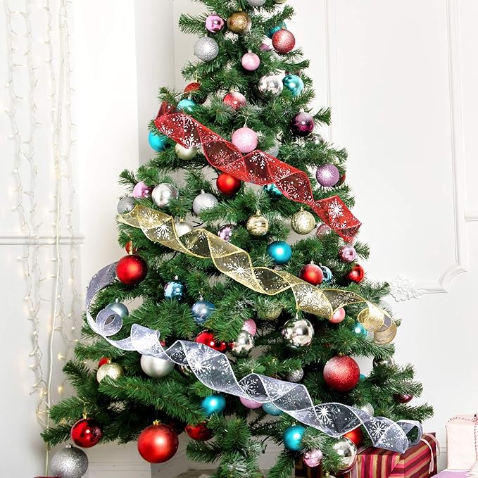 2.5 Inch Wide Christmas Wired Ribbon Snowflake Organza Sheer Glitter Ribbon for Xmas Tree, Wreath, Party Decoration, Gift Wrapping (Silver, 32.7 Foot (Pack of 1))