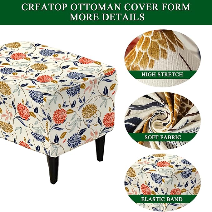 CRFATOP Ottoman Chair Cover Large Ottoman Chair Slipcovers Printed Rectangle Storage Stool Cover Stretch Footstool Footrest Furniture Protector for Bar Counter Living Room,C16