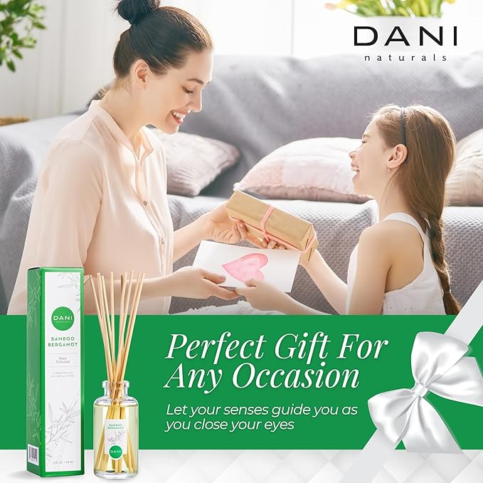 DANI Naturals Reed Diffuser Set -Bamboo Bergamot Scent - Aromatherapy Essential Oils, Alcohol-Free - 10 Sticks, 3.5 oz