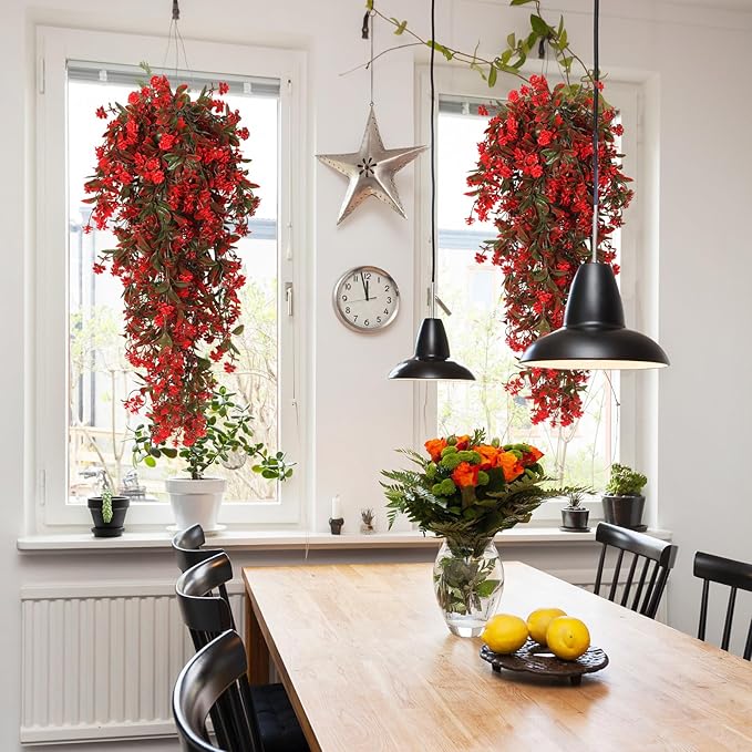 RECUTMS 2 Pack Artificial Greenery Plastic Flower Fake Hanging Plant Vines Plants UV Resistant for Outdoor Home Garden Wall Office Wedding Party Hanging Basket Decoration (Red)