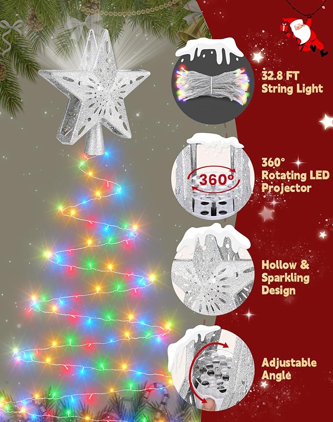 Christmas Tree Topper with 32.8FT Color Light Cord and 6 Projection Modes, Christmas Star Tree Topper Built-in LED Rotating Projector Lights, 3D Glitter Christmas Tree Decorations (Silver)