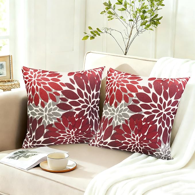 Decorative Throw Pillow Covers Set of 2 Wine Red Pillow Covers 18x18 Inch Couch Pillow Covers for Sofa Living Room Outdoor Throw Pillow Cover Linen Square Floral Flower Farmhouse Pillowcase