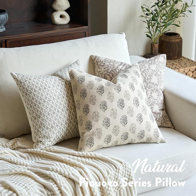 Floral Vintage Throw Pillow Covers 18x18 Pillow Cover Block Print Decorative Cushion Covers Farmhouse Neutral Accent Home Décor for Sofa Couch Living Room Bedroom, 1PC, Light Taupe