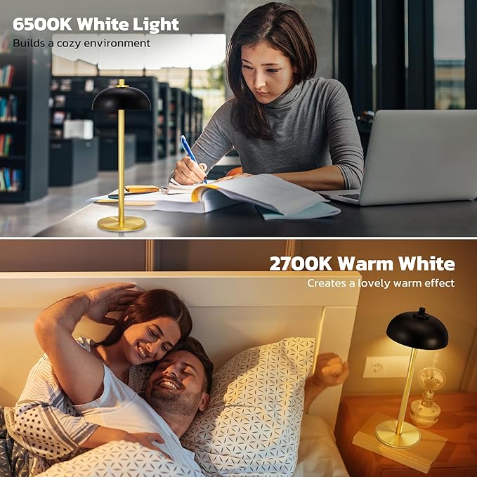 Rechargeable Cordless Table Lamp 2 Pack - 5000mAh Battery Powered Lamp, 3 Color Stepless Dimming LED Table Light with Memory Function, for outdoor, Dinner, Patio, Home, Restaurant.(Black and Gold)