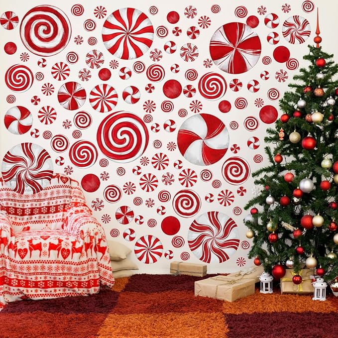 211 Pcs 6 Sheets Christmas Wall Decals Peppermint Wall Stickers Removable Oil Red and Green Candy Stickers Christmas Window Clings for Indoor Living Room Bedroom Nursery Decor(Red)