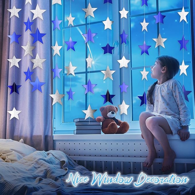 Patelai Glitter Star Garland Banner 2026 New Years Decor 130 Feet Star Hanging Banner Twinkle Backdrop for Birthday Classroom Wedding Christmas Party Supplies(Ocean Blue, Glitter Silver)