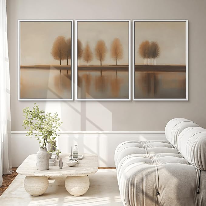 SIGNWIN Framed Canvas Print Wall Art Set Golden Autumn Trees by The Lake Tranquil Nature in Warm Earth Tones Illustrations Modern Art Decorative Zen for Living Room, Bedroom, Office - 24"x36"x3 White