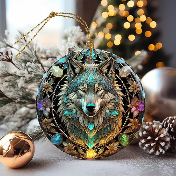 Stained Ceramic Wolf Ornament - Wolf Christmas Ornaments - Christmas Tree Ornaments - Christmas Decorations - Wolf Decor for Office, Room, Home - Holiday Present Ideas