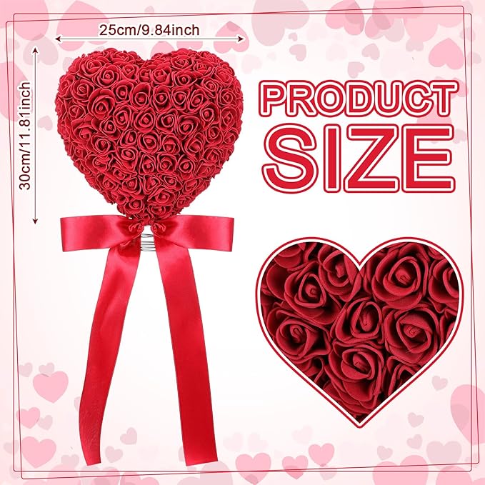 Soulchen Valentine Day Tree Topper 11.8 Inch Red Heart Tree Topper with Bow Artificial Rose Flower Valentines Trees Ornaments for Valentine's Day Wedding Holiday Party Supplies