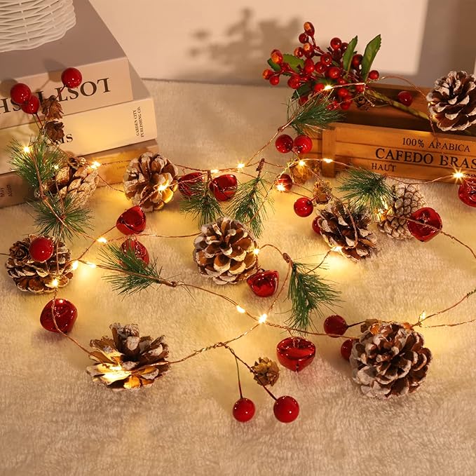 Christmas Decorations Indoor-10FT Enchanting Christmas Garland with 30 LED Lights Battery Operated-Realistic Red Berries & Pine Cones Decor for Tree,Fireplace Mantel,Indoor Holiday Home Decor