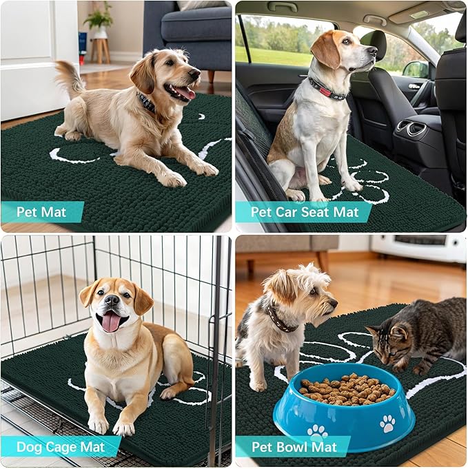 OLANLY Dog Door Mat for Muddy Paws 47x32, Paw Print Design, Absorbs Moisture and Dirt, Absorbent Non-Slip Washable Doormat, Quick Dry Chenille Mud Mat, Entry Indoor Entryway Carpet, Blackish Green