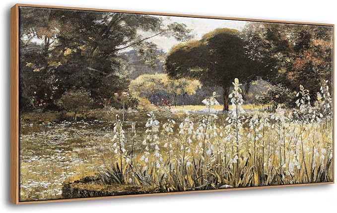 BLINFEIRU Framed Canvas Wall Art Decoration, Vintage Nature Landscape Painting Prints, Countryside Farmhouse Wildflower Field Artwork, Rustic Scenery Picture, Home Living Room Bedroom Decor 20"x40"