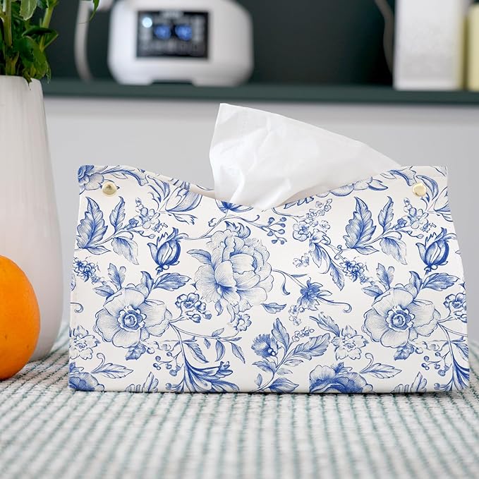 Blue Chinoiserie Tissue Box Cover Rectangle,Blue and White Floral Toilet Paper Box Holder,PU Leather Decorative Facial Paper Case for Living Room Bathroom Kitchen Office Desk,9.8x5.9x5.9In