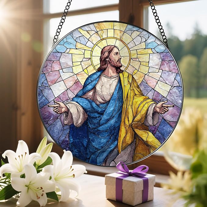 8'' Jesus Christ Stained Glass Suncatcher, Stained Glass Window Hanging, Christian Religious Decor, Christmas Ornament, Easter Resurrection Gifts, Christian Gift, Religious Gift