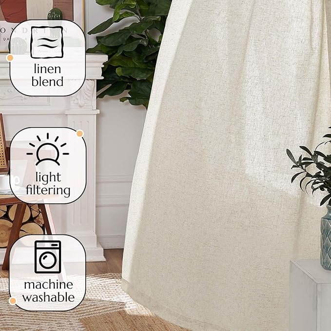 jinchan Linen Curtains for Living Room Bedroom Light Filtering Semi Sheer Curtains Boho Farmhouse French Country Cottage Core Decor Window Drapes Back Tab 84 Inch Length Tassel Beige
