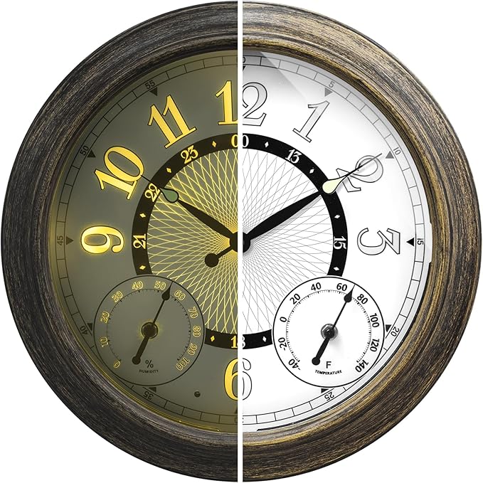 Illuminated Large Metal Outdoor Clocks Waterproof 18 Inches With AI Auto Light Smart Sensor,Extra Big Indoor Outdoor Wall Clocks With Thermometer & Hygrometer for Patio, Pool, Garden,Porch