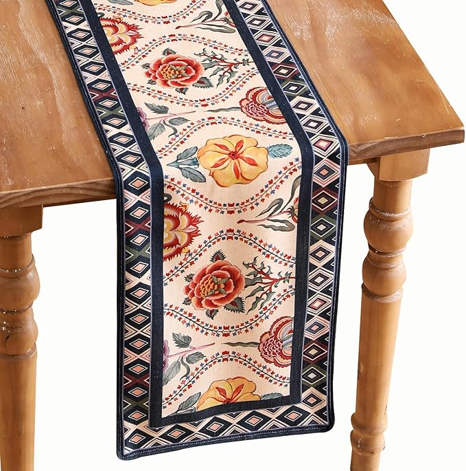 Rectangular Flower Table Runner 87 Inches Long,Farmhouse Linen Floral Table Runners with Navy Blue Border,Fall Decorations for Home Thanksgiving Christmas Party.12*87"-Lanae