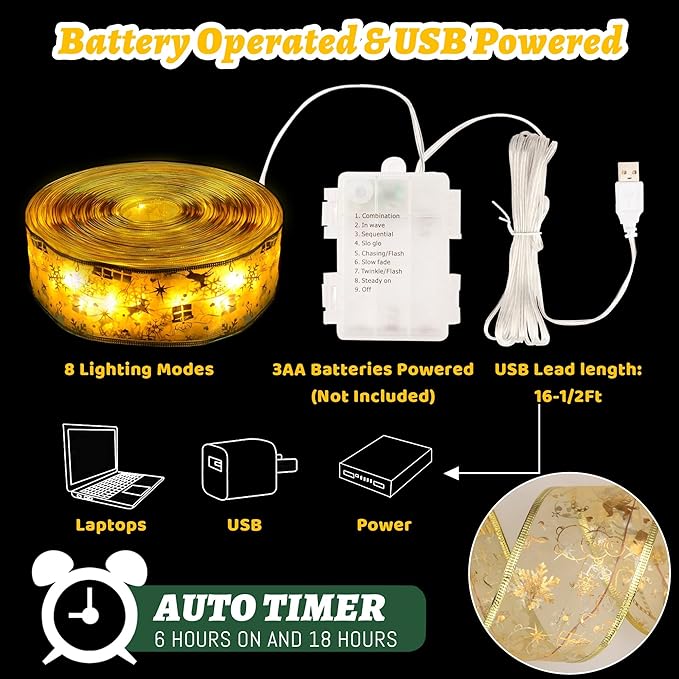 Christmas Decorations, 2.5Inch x 33Ft 100 Led Christmas Tree Ribbon Lights with Remote Control, Battery Operated & USB Powered 8 Lighting Modes Fairy String Lights with Timer for Xmas Decor