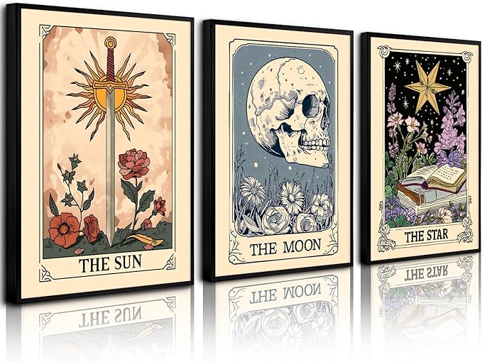 Pouydmi Tarot Card Wall Art Sun Moon Canvas Wall Decor Mystical Astrology Wall Art Boho Celestial Prints Star Skull Poster Tarot Card Picture for Living Room Bedroom 16x24x3 Inch Unframed