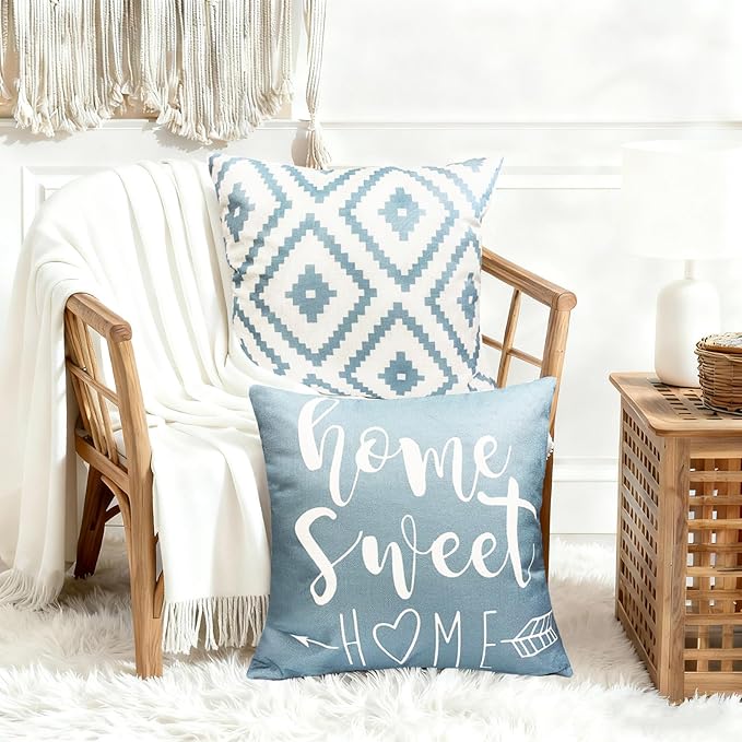 Decorative Throw Pillow Covers 22x22 inch Set of 4 Sky Blue Pillow Covers for Couch Sofa Bed Living Room,Farmhouse Outdoor Throw Pillow Cover,Modern Geometric Linen Square Throw Pillow Cases