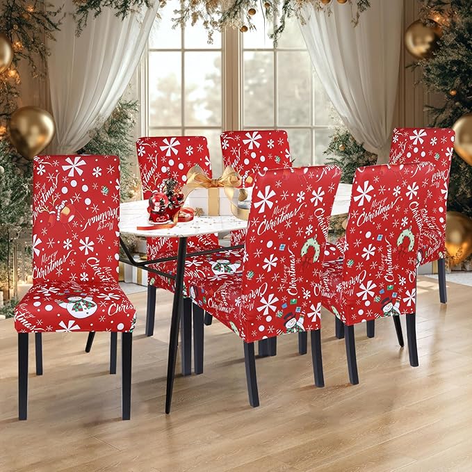 SearchI Christmas Chair Covers Set of 4, Stretch Xmas Kitchen Chair Cover Removable Washable Holiday Parsons Chair Slipcovers for Dining Room, Christmas Decoration, Ceremony(Snowman+Snowflake)