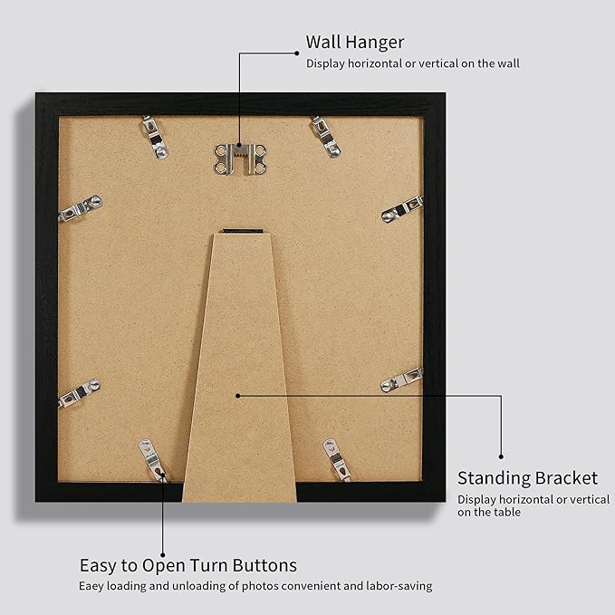 iRahmen 12x12 Picture Frame Set of 4 with Tempered Glass, Black Frame Display 10x10 Picture with Mat or 12 x 12 Without Mat, Wood Square Photo Frames for Desktop Display and Wall Mounting