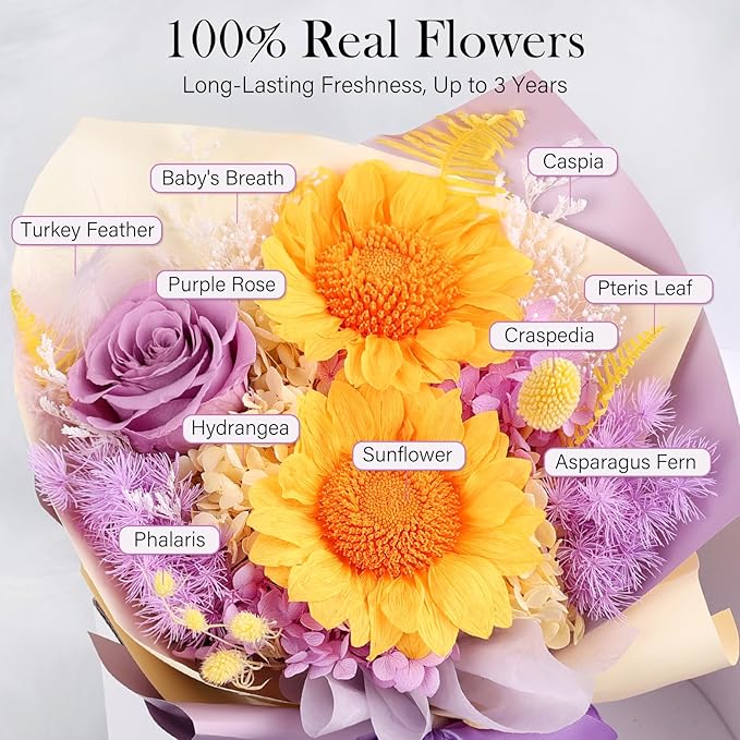 Preserved Sunflower Bouquet - Forever Flowers for Delivery, Purple Rose That Last 3 Years, Eternal flowers Bouquet for Her Mother Mom Wife Friends Birthday Sunflower Gifts for Women