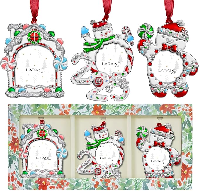 Laraine Christmas Tree Ornaments 3 Pieces – Decorative Hanging 2025 Pendant Snowman with 2.5” Picture Frame Insert for Family and Pet Holiday Keepsake Gift (White (2025))
