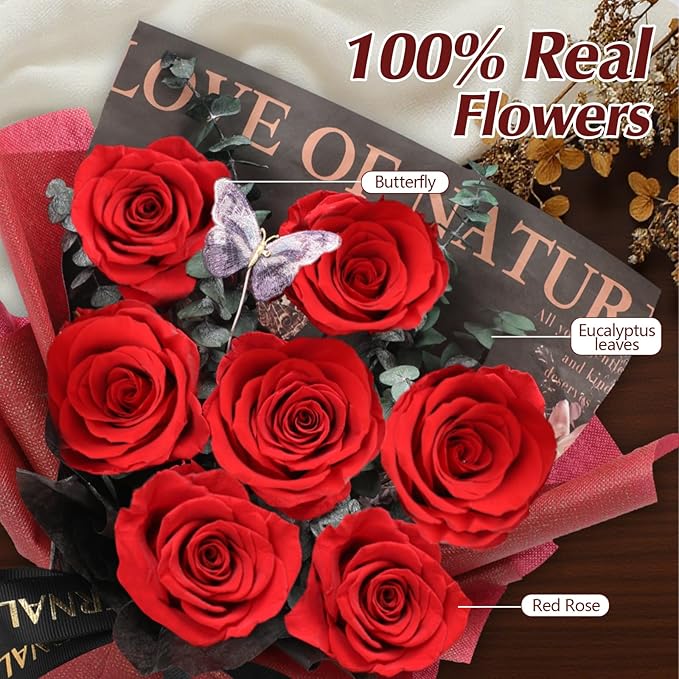 Casaido Preserved Flowers for Delivery, 7 Red Roses Bouquet, Birthday Gifts for Women, Christmas Rose Gifts for Mom Wife Girlfriend, Forever Real Flowers for Valentines Day Anniversary