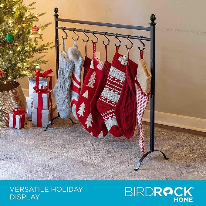 BIRDROCK HOME 8 Hook Christmas Stocking Holder Stand - Modern Holiday Decoration Holder - Black Freestanding Decor Hanger - Heavy Duty